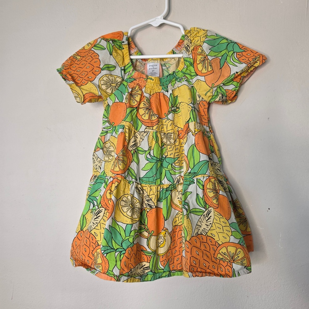 Peyton & Parker Dress Girls 2T Yellow Fruit Print Tiered Smocked Cotton Pockets